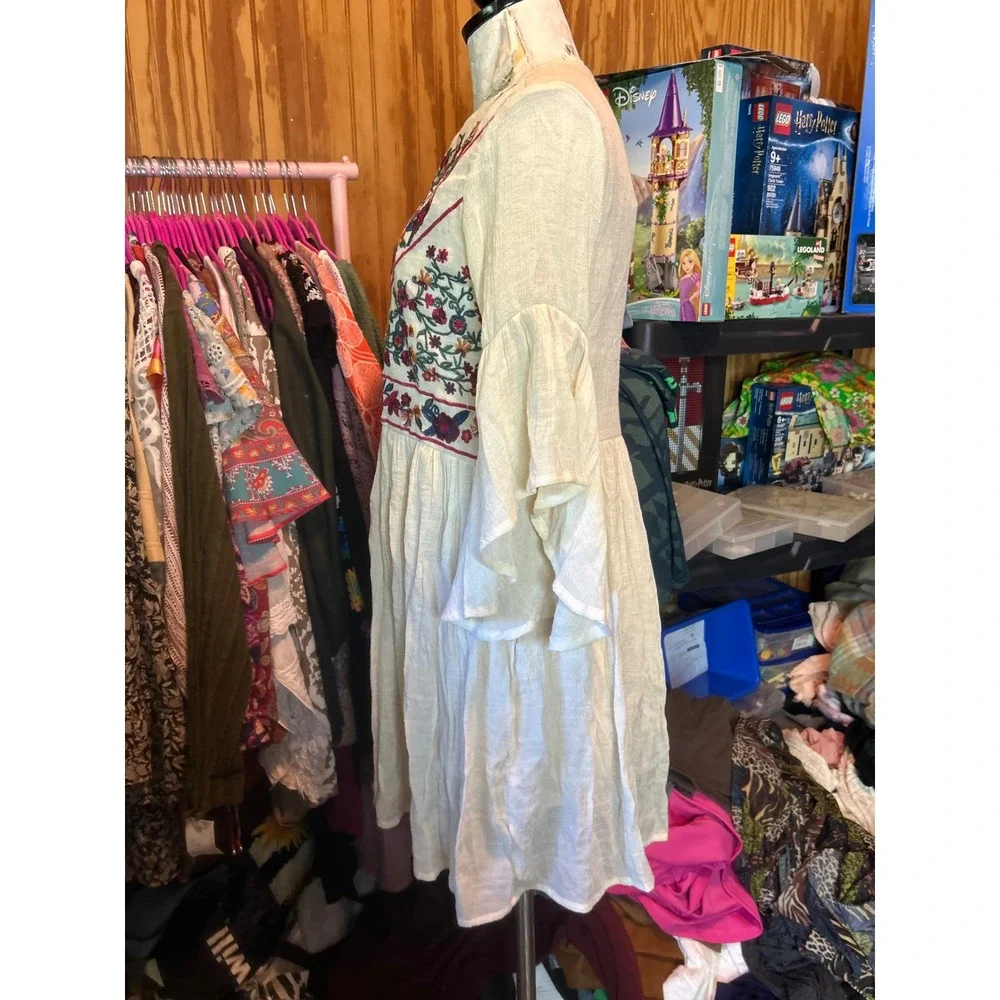 Umgee Boho Floral Embroidered‎ Bell Sleeve Mini Dress Cream Ivory Babydoll Sz S